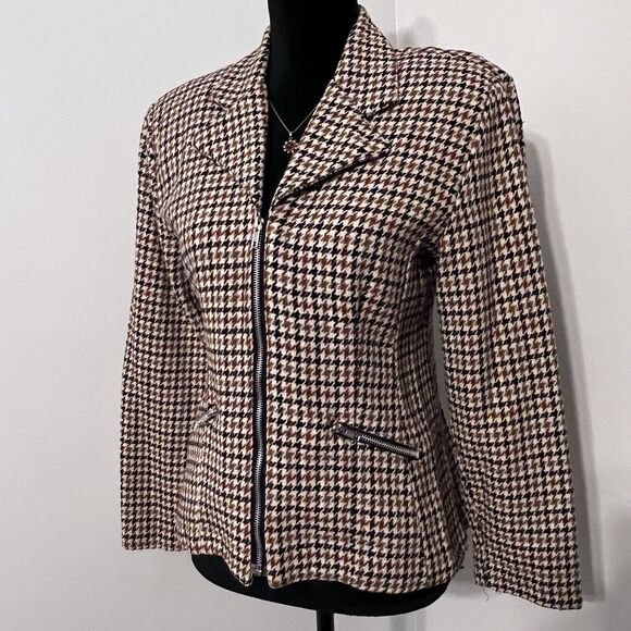 Vtg Y2K Tweed Houndstooth Blazer Jacket Wool Womens Small Zip Pocket Preppy - Picture 6 of 15